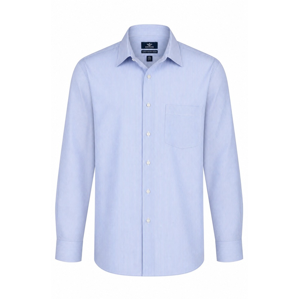 Dockers Mens XXL Blue White Striped Dress Shirt Long Sleeve Easy Care Button Up